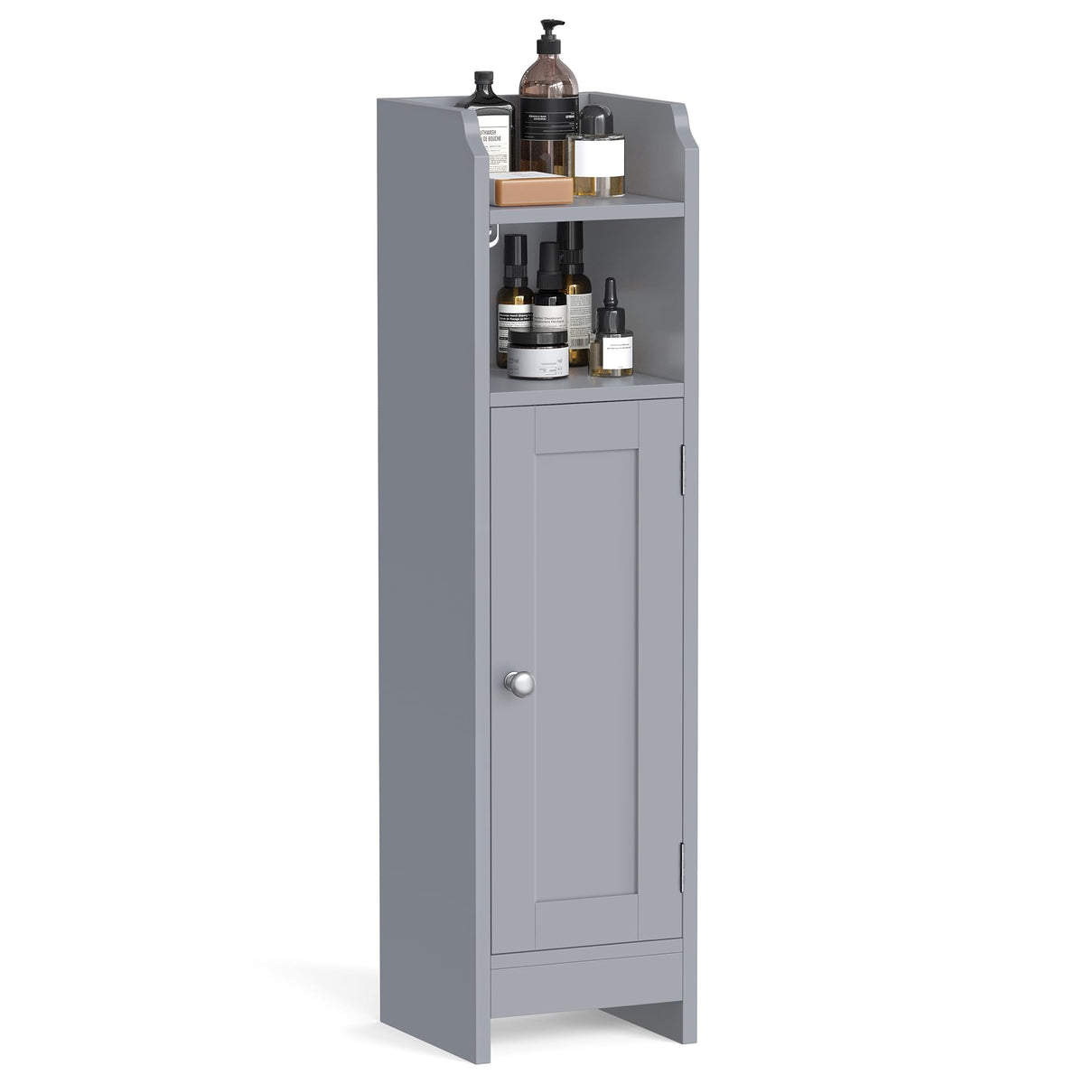 VASAGLE corner cabinet with door in dove gray stores toiletries neatly behind a sleek door.