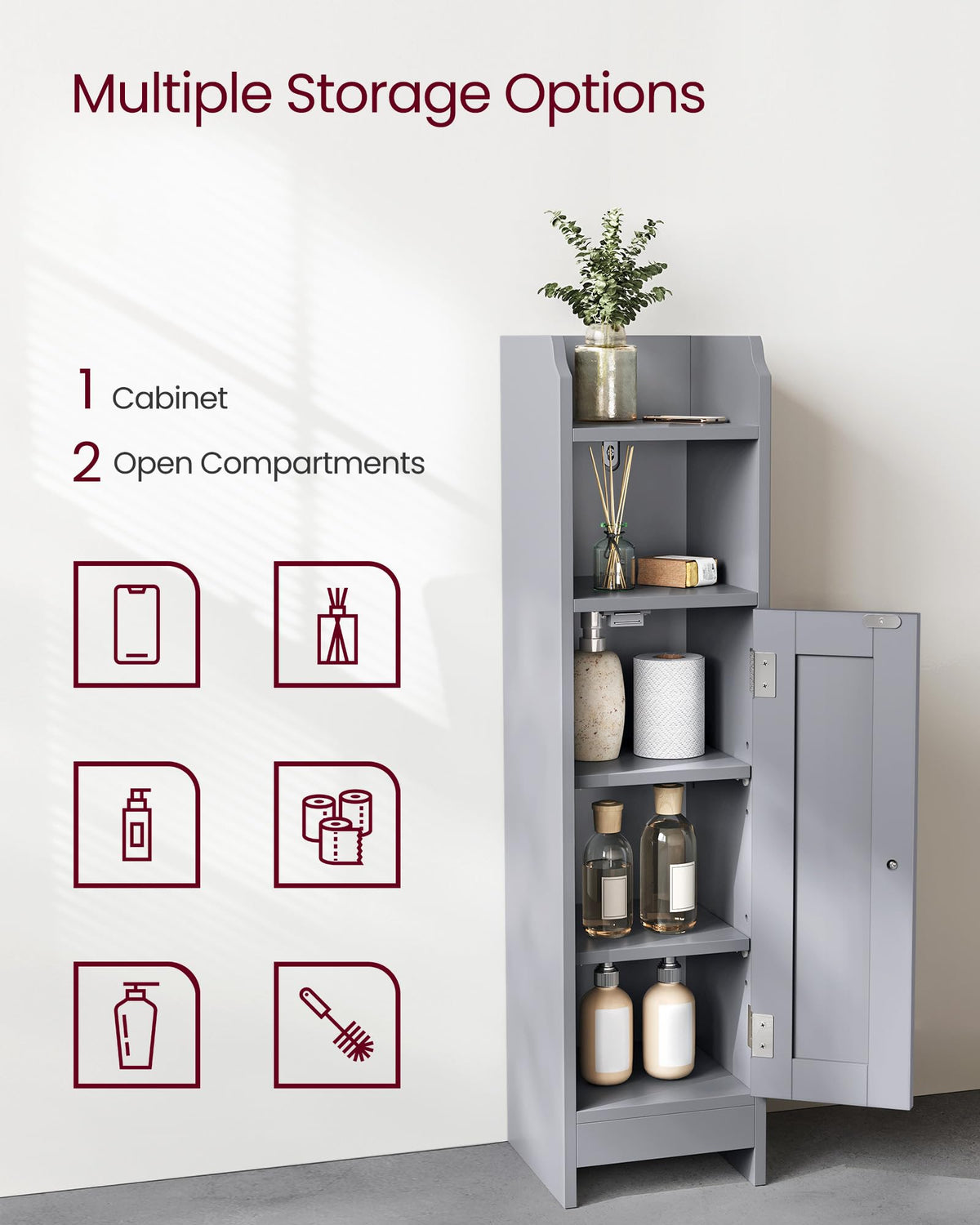 VASAGLE cabinet middle shelf organizes toiletries for quick daily routines.