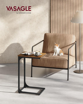VASAGLE sofa side table featuring a metal frame and wood top in a living room