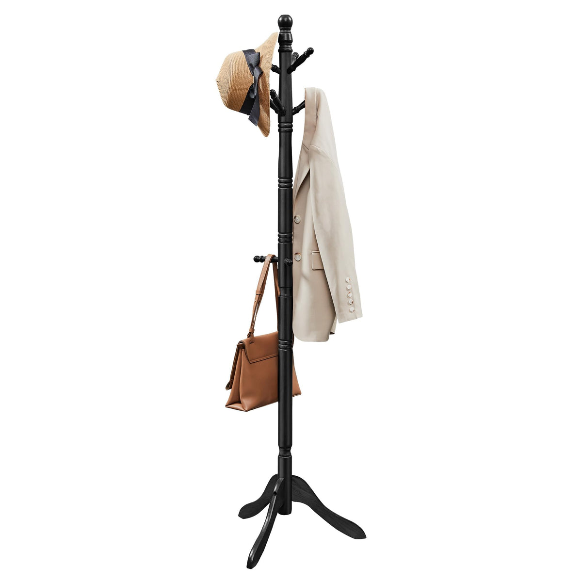 VASAGLE solid wood coat rack stand with a sturdy base for stable entryway organization.