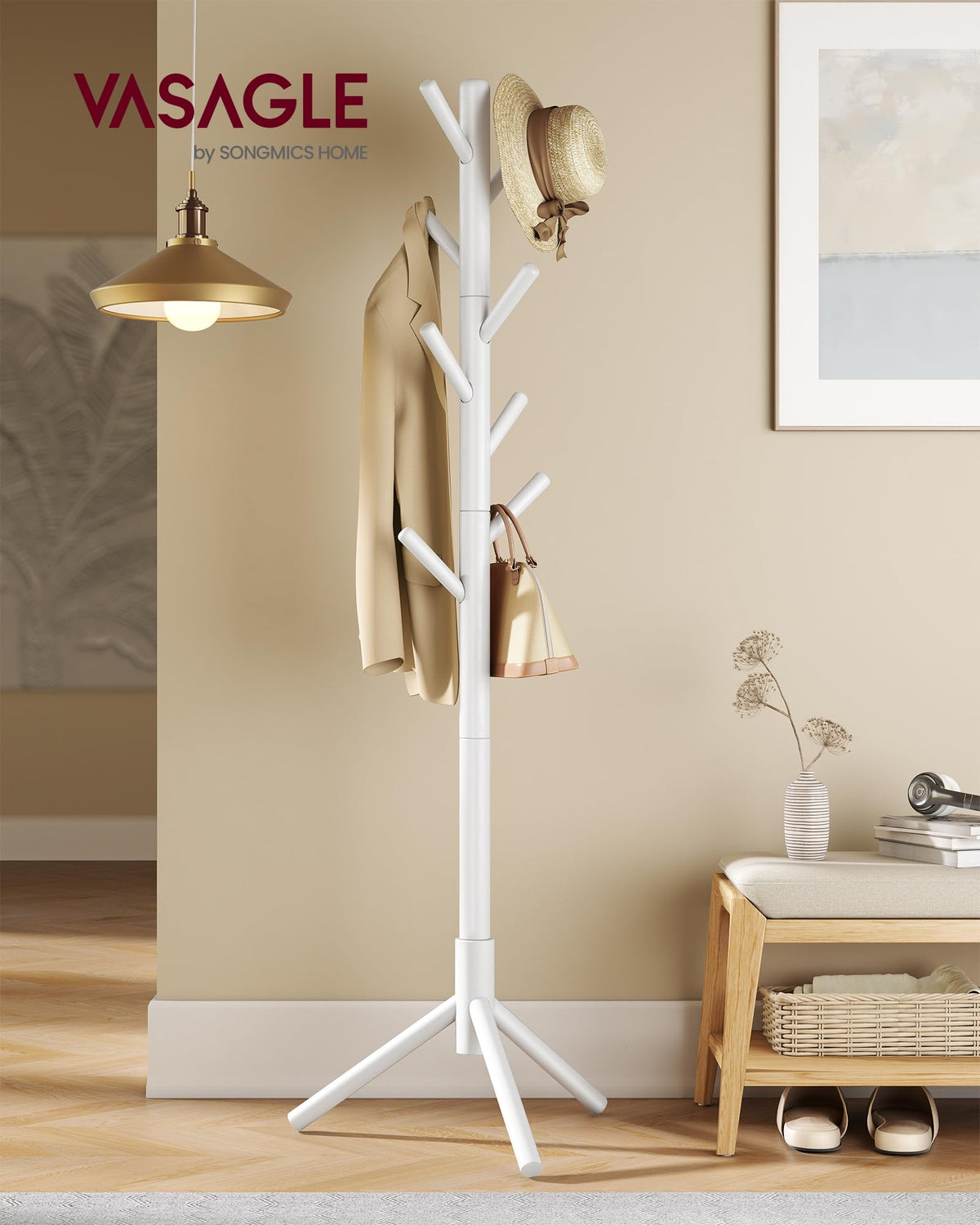 VASAGLE white finish coat rack showing stable triangular base for reliable support.
