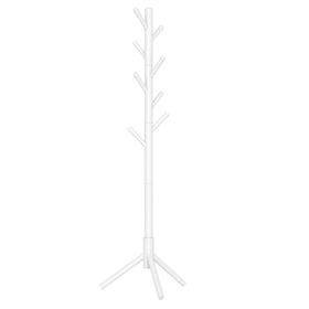 VASAGLE solid wood coat rack with tree shape and eight hooks for coats and bags in entryway.