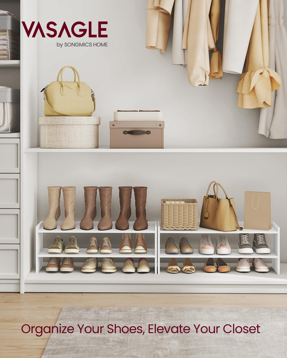 VASAGLE stackable shoe shelves setup demonstrates expandable storage for growing collections.
