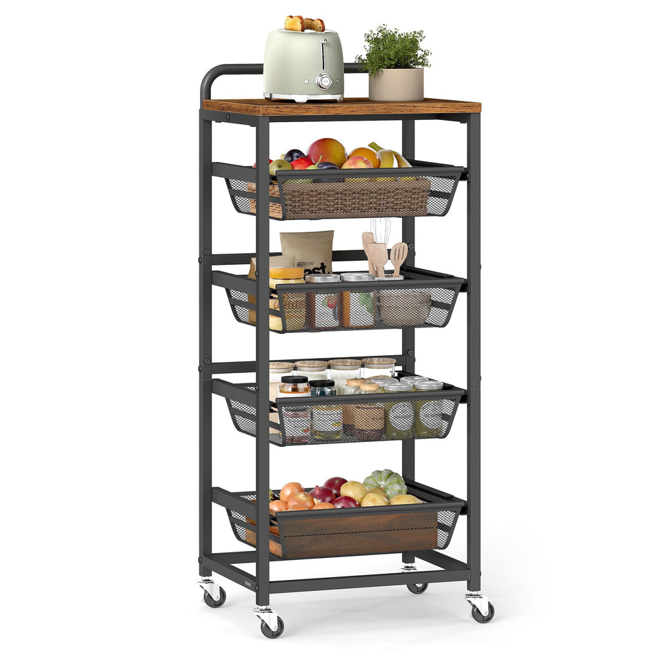 VASAGLE storage rolling cart with five pull-out baskets for organized pantry and kitchen storage.
