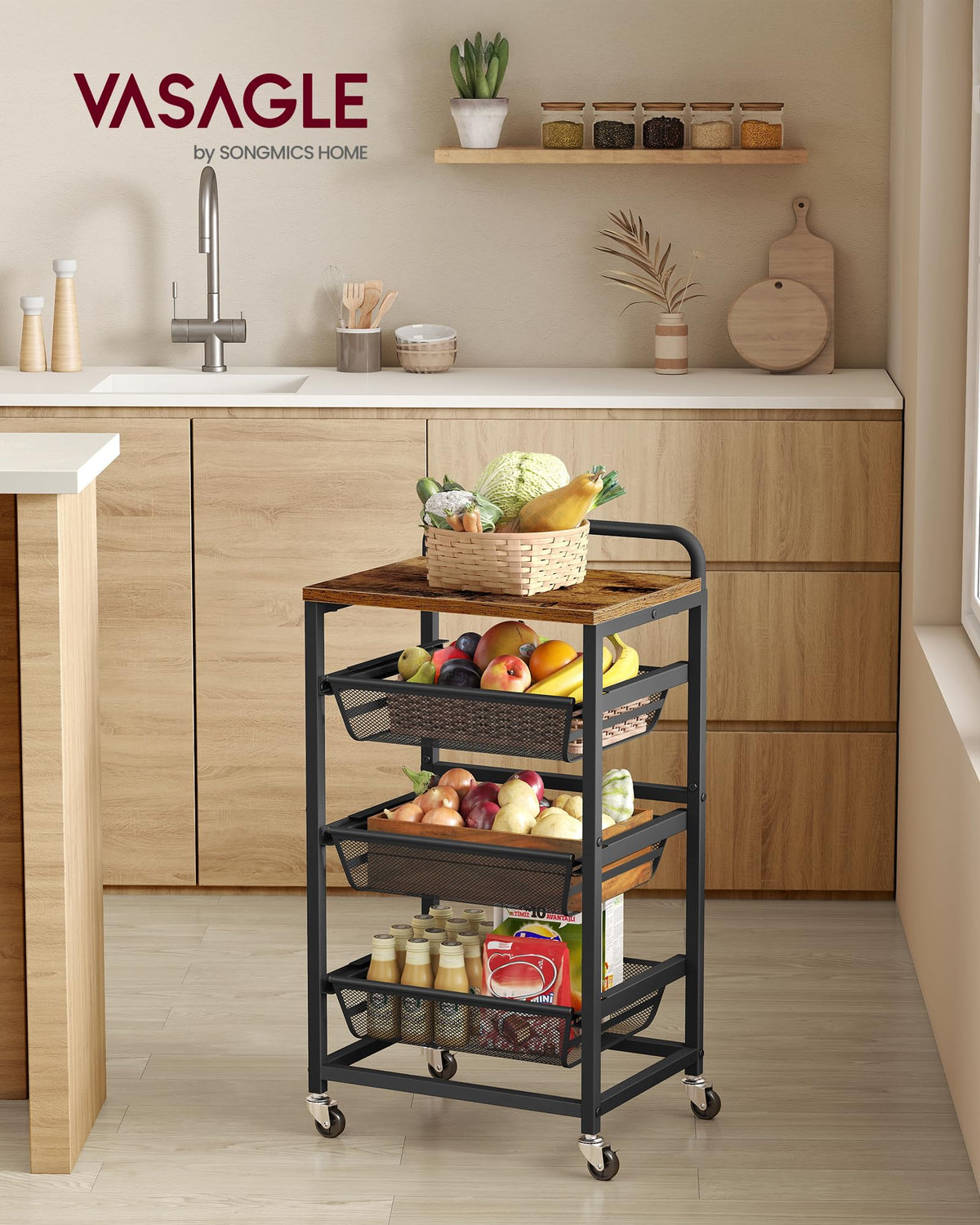 VASAGLE top shelf adds storage for utensils or small appliances.