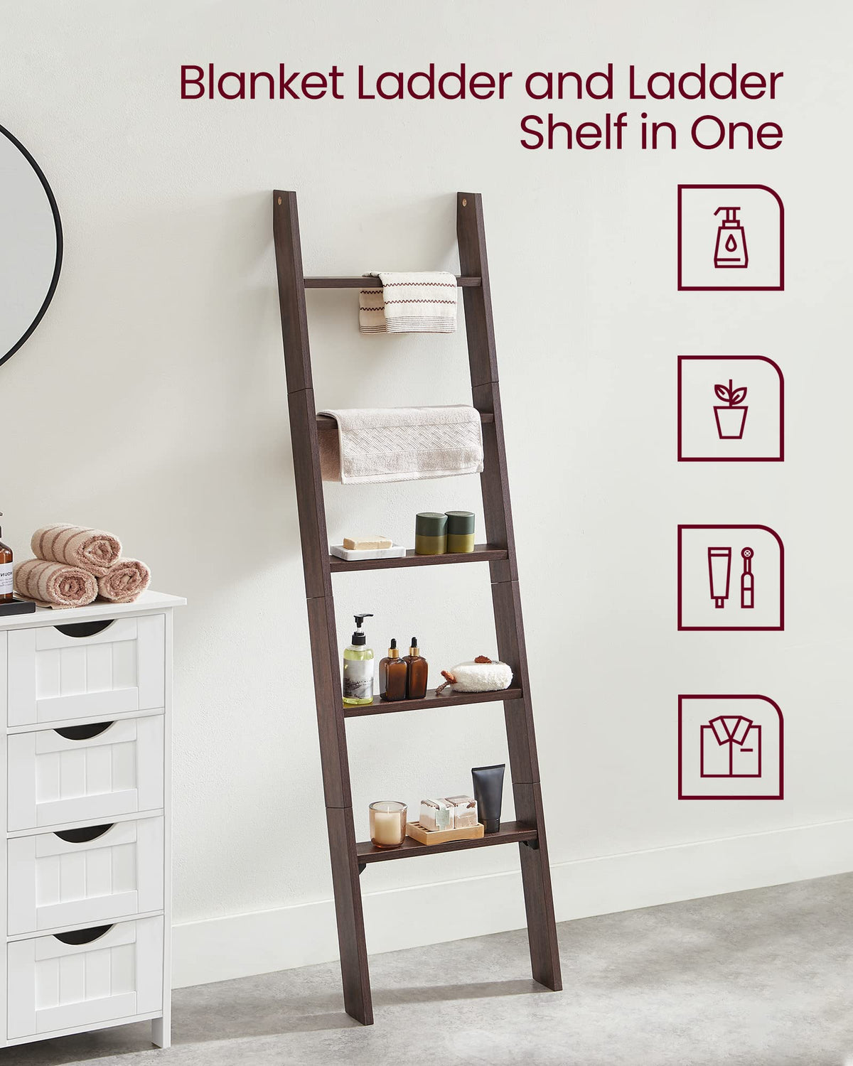 VASAGLE wall-friendly-blanket-ladder with felt pads protects walls and floors.