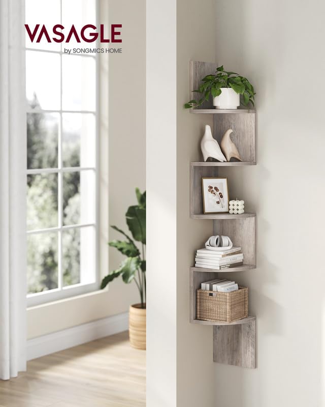 VASAGLE wall-mount 5-tier shelves create elevated storage for books and decor.