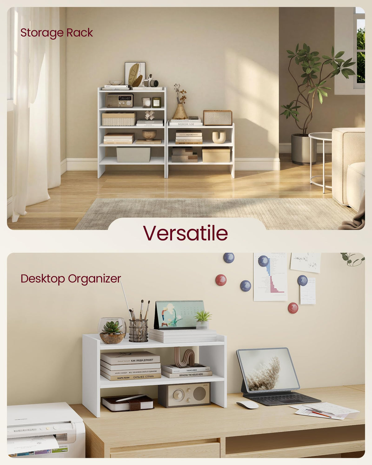 VASAGLE white storage rack used in living room for books and decor