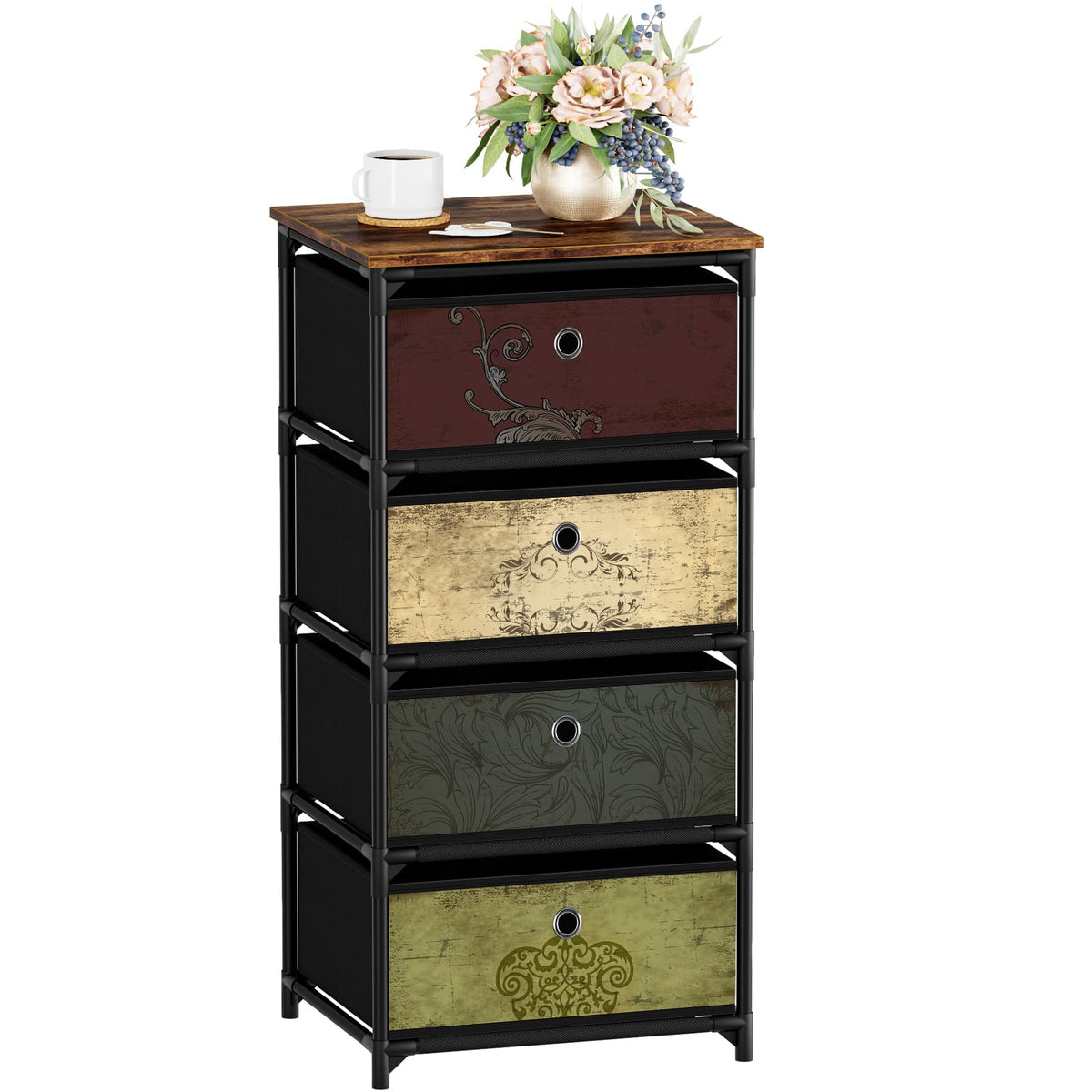 VASICAR storage unit with four fabric drawers and wood top for organized bedrooms.