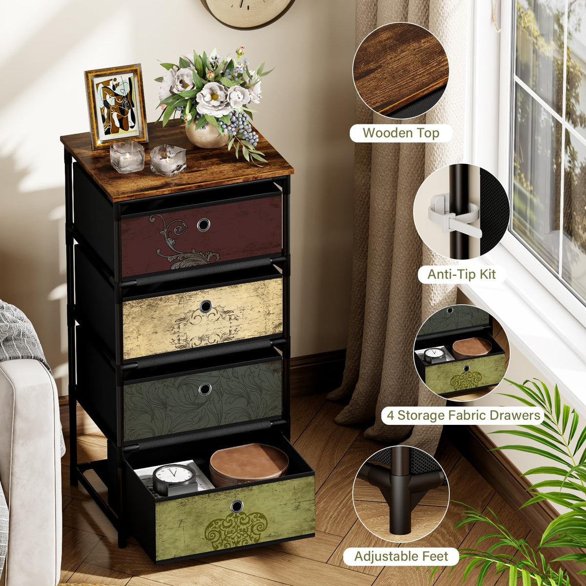 VASICAR sturdy four-drawer dresser with metal frame.