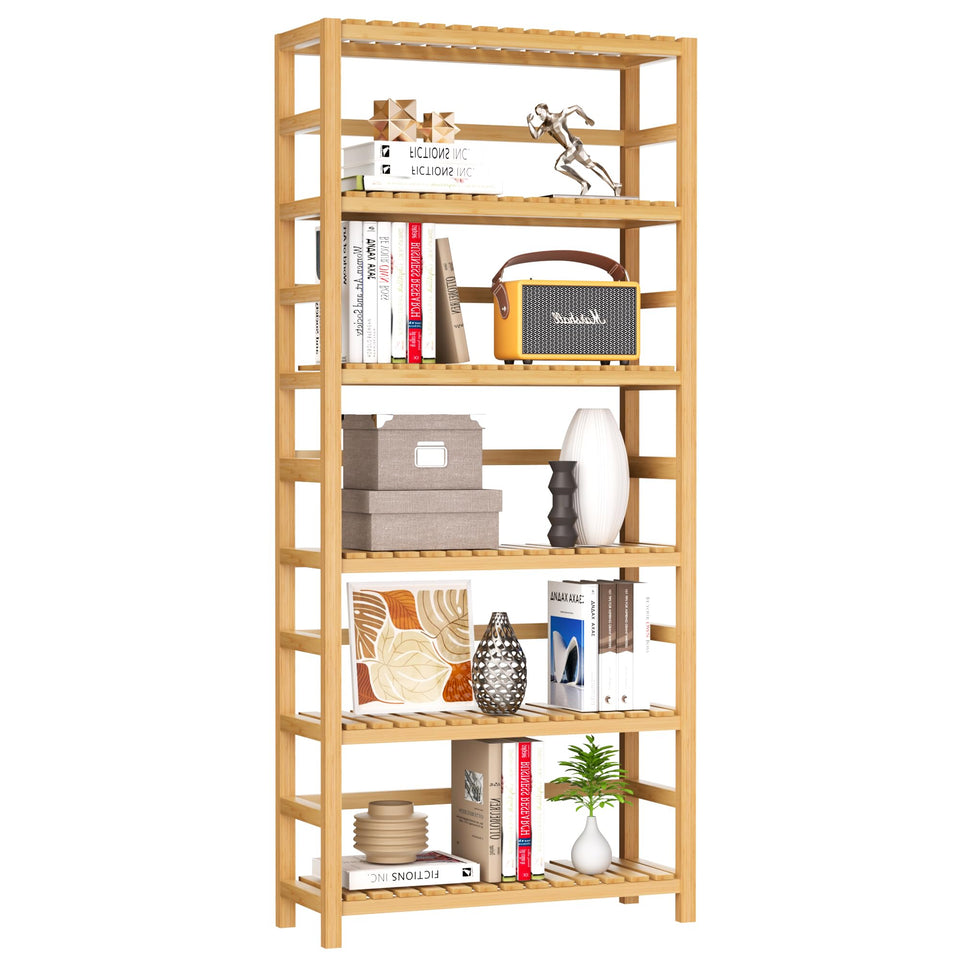 VASMIA 6-Tier bamboo shelf front view shows organized storage and display versatility.
