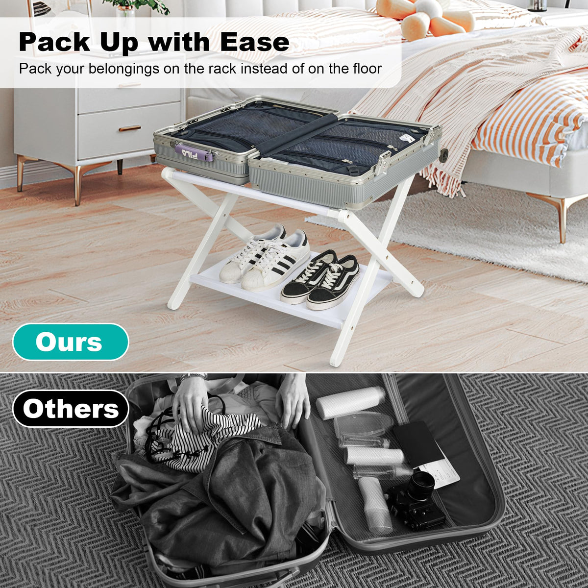 VASMIA luggage rack with storage shelf keeps shoes off the floor
