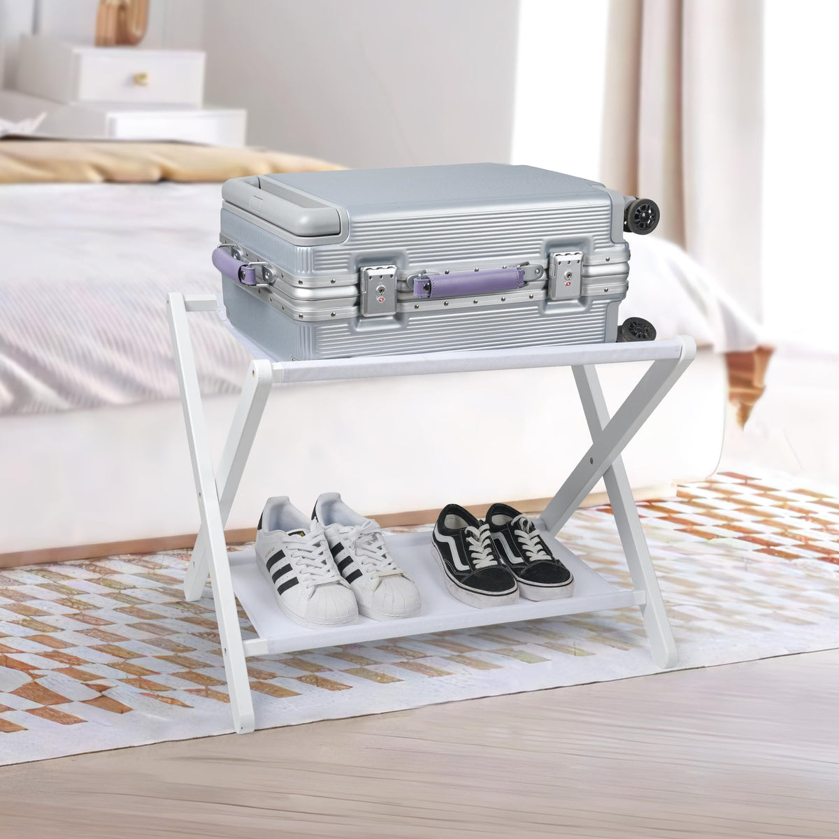 VASMIA bamboo luggage rack top view showing sturdy support and sleek design