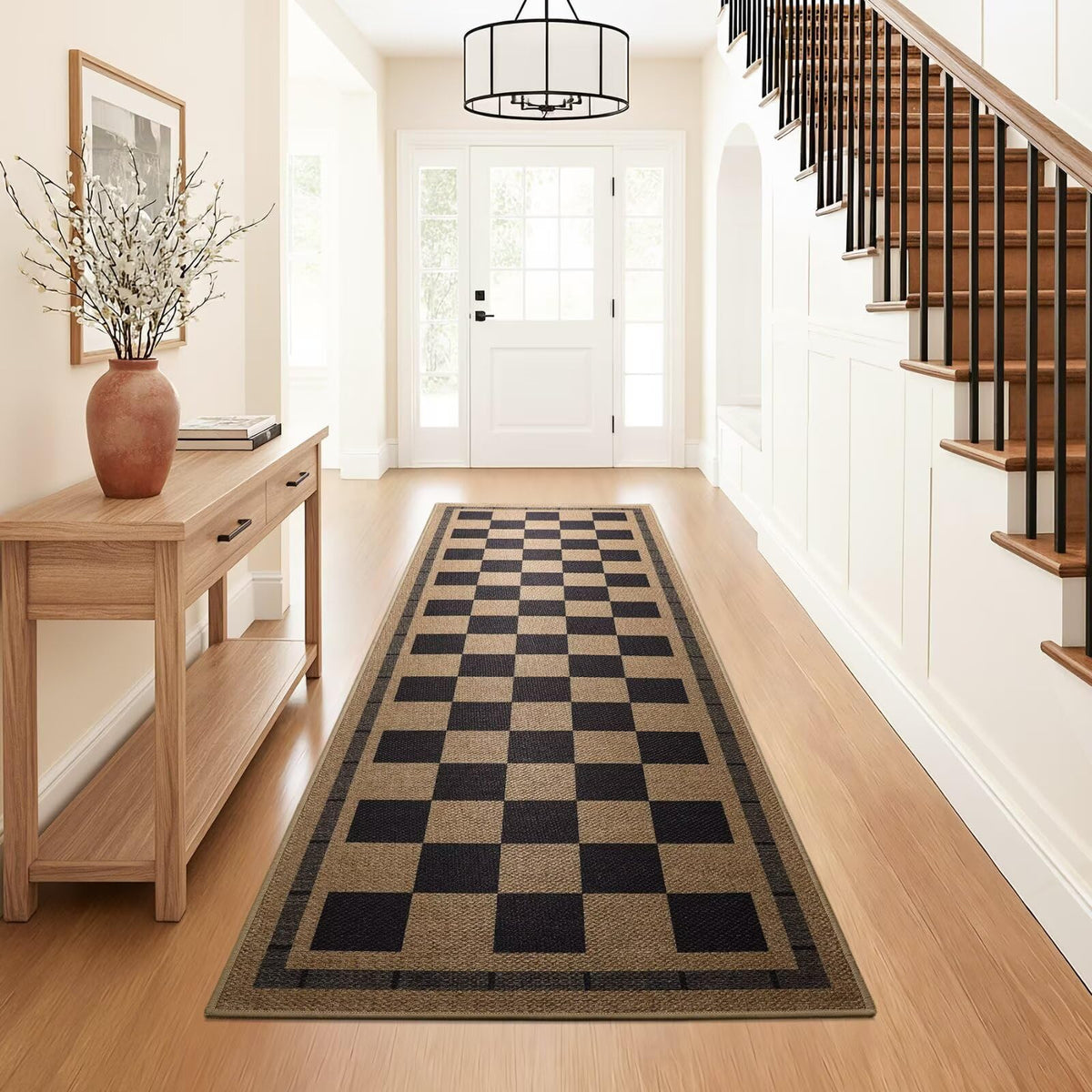 Vasofe hallway rug in black-brown plaid adds warmth without bulk.