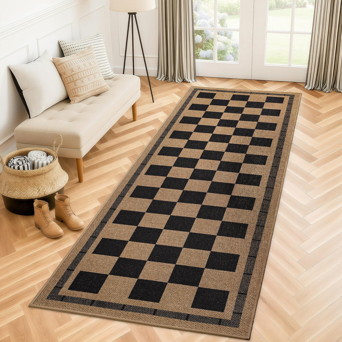 Vasofe outdoor runner plaid, non-slip base protects decks and porches.