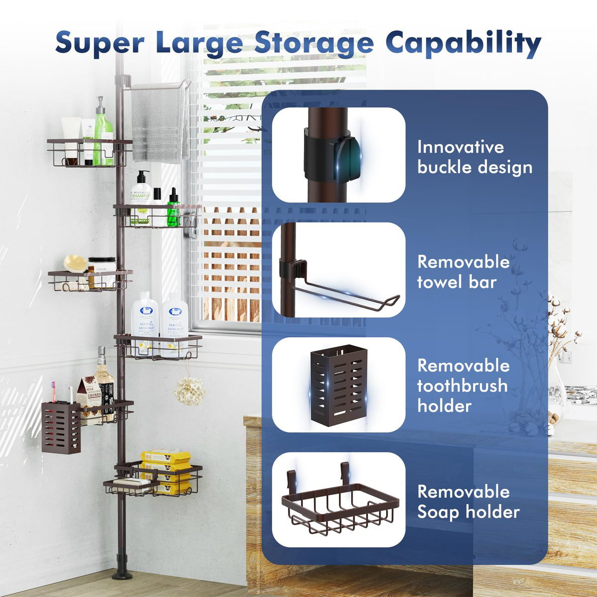 Vatex six-tier baskets offer ample storage for tall bottles and small toiletries.