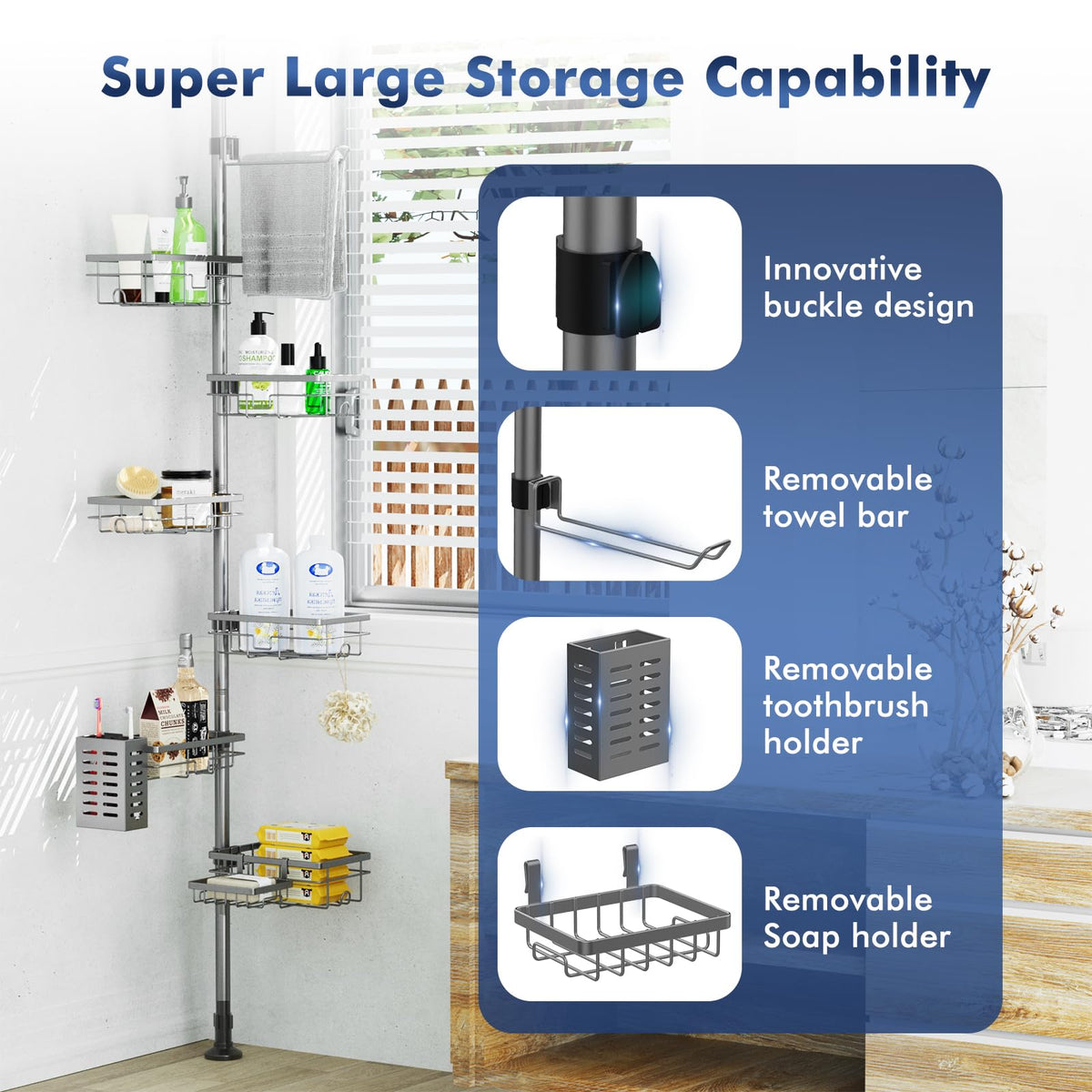 Vatex 6-tier shelves maximize bathroom storage and keep bottles organized.