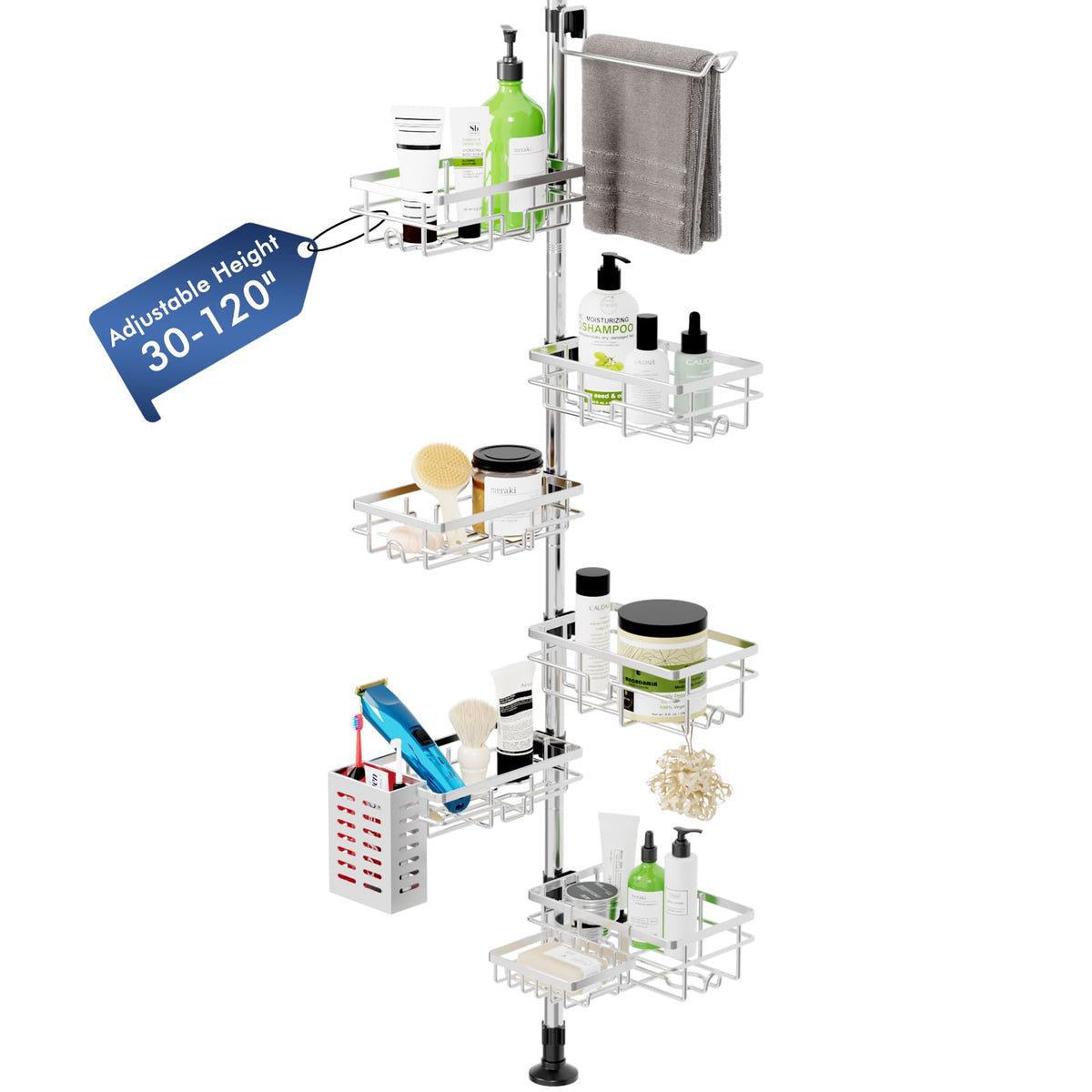 Vatex corner shower caddy six-tier baskets keep tall bottles organized.