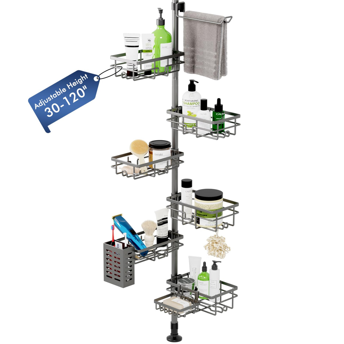 Vatex corner shower caddy with tension pole supports 30-120 inch adjustment for versatile mounting.