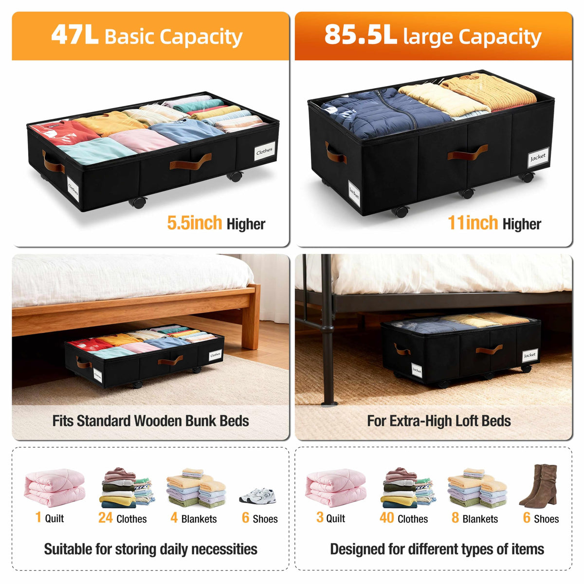 VatFott black 2-pack under-bed storage for a sleek look.