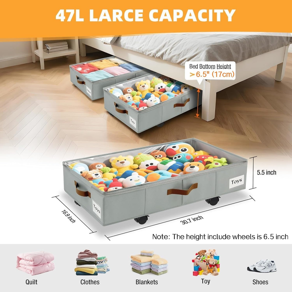 VatFott under-bed storage with label slots makes item organization quick and tidy.
