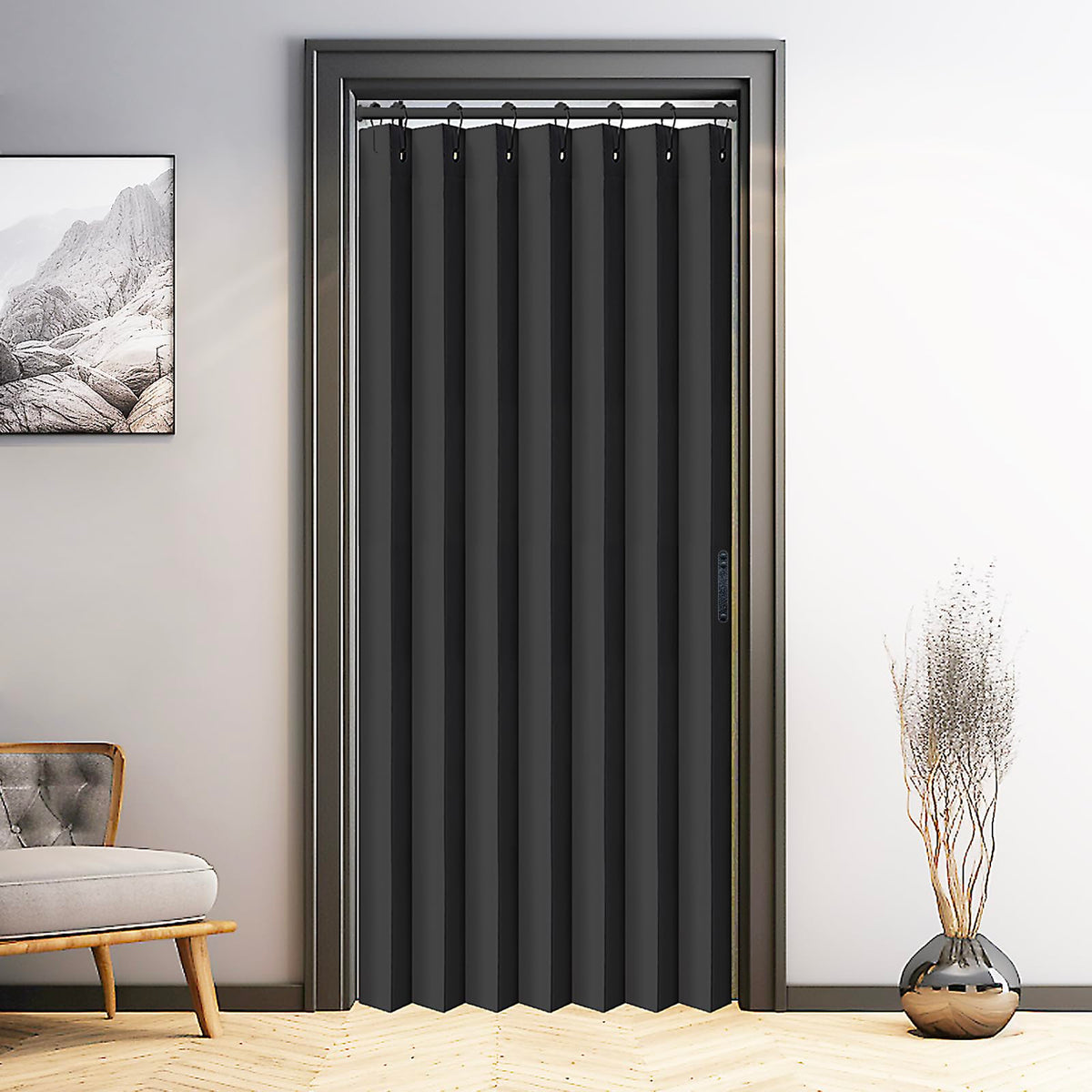 Vatge tieback-enabled curtain for adjustable openness and layout flexibility.