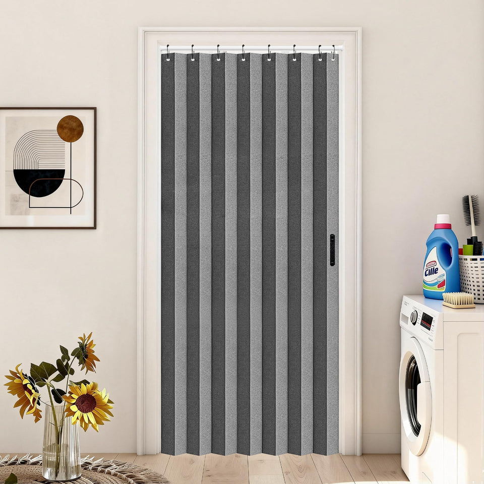 Vatge closet curtain open panel showing room division use and privacy