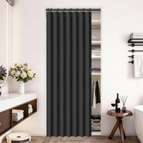 Vatge closet curtain pleated panel with tieback for room division.