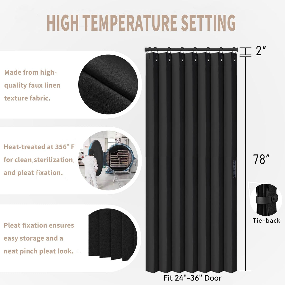 Vatge pleated folding curtain in black for doorway privacy.