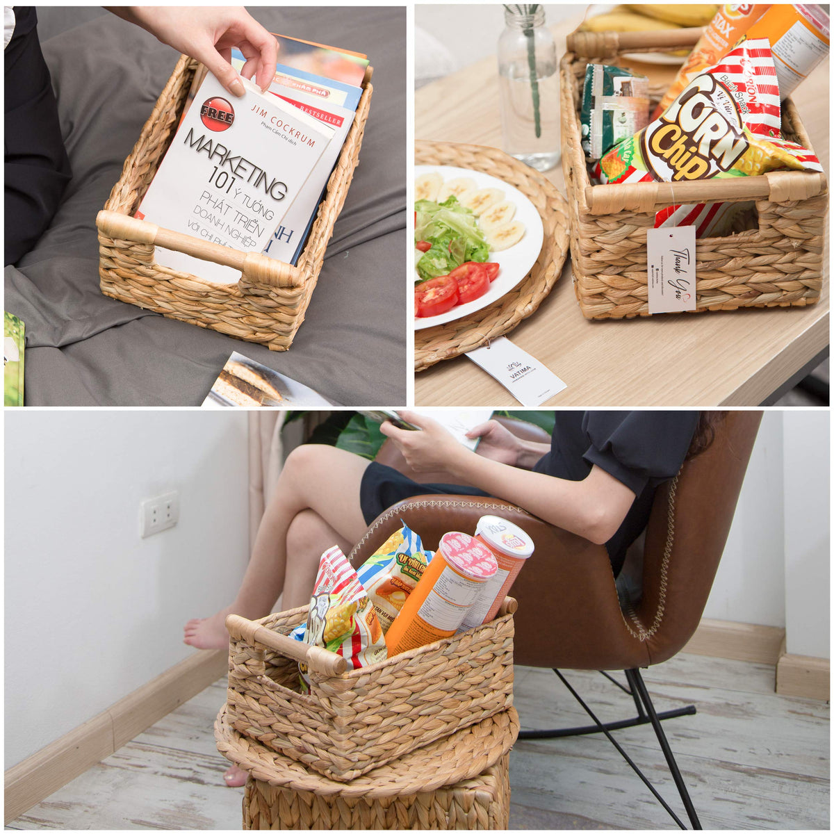 VATIMA handmade hyacinth basket from Vietnam adds rustic charm.