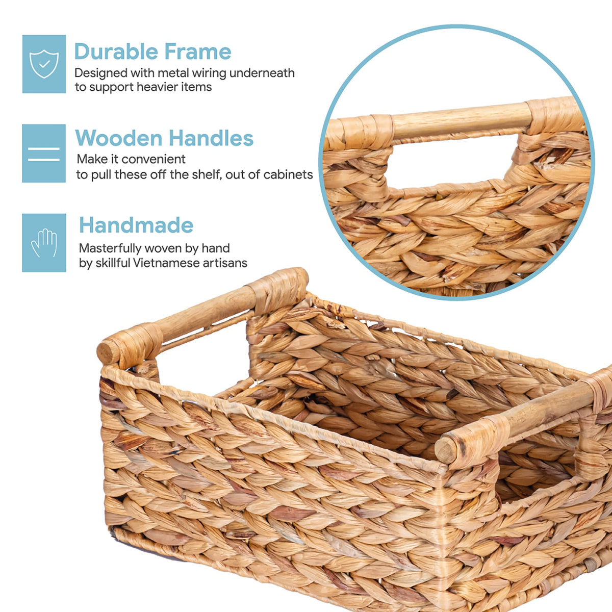 VATIMA hyacinth basket on a shelf, ideal for magazines and remotes.