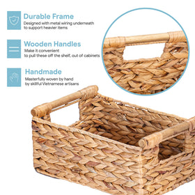VATIMA hyacinth basket on a shelf, ideal for magazines and remotes.