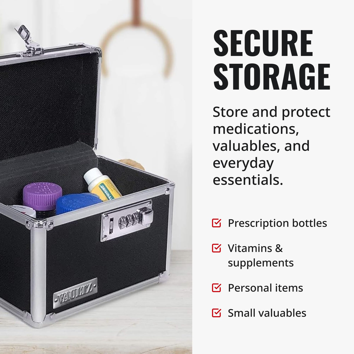 Vaultz three-digit combination lock provides secure access without keys while traveling.