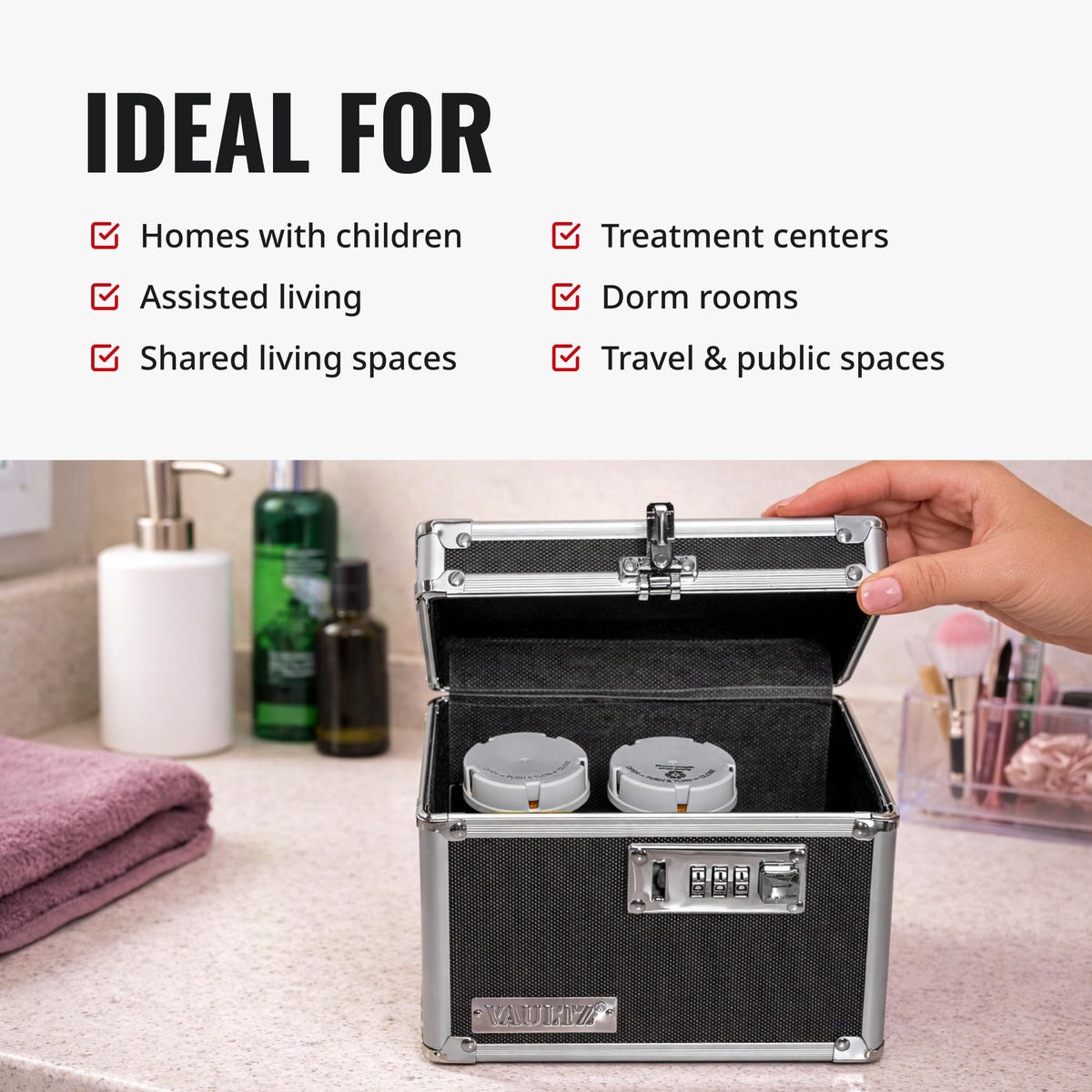 Vaultz compact-size lock box fits on shelves and drawers for discreet storage.