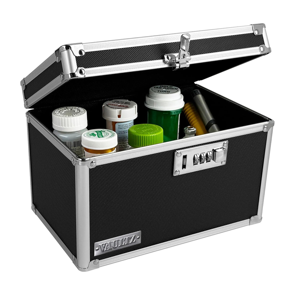 Vaultz locking medicine box front view shows compact, secure storage.