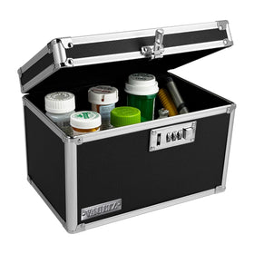 Vaultz locking medicine box front view shows compact, secure storage.