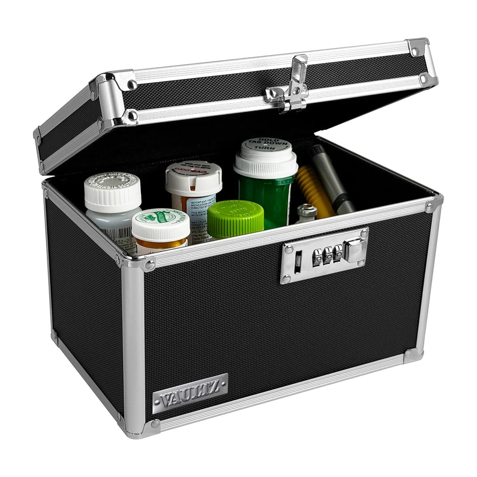 Vaultz locking medicine box front view shows compact, secure storage.