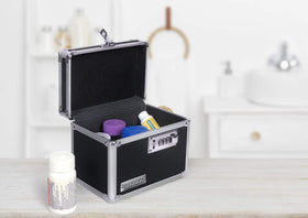 Vaultz locking medicine box with lid open demonstrates easy access and quick organization.