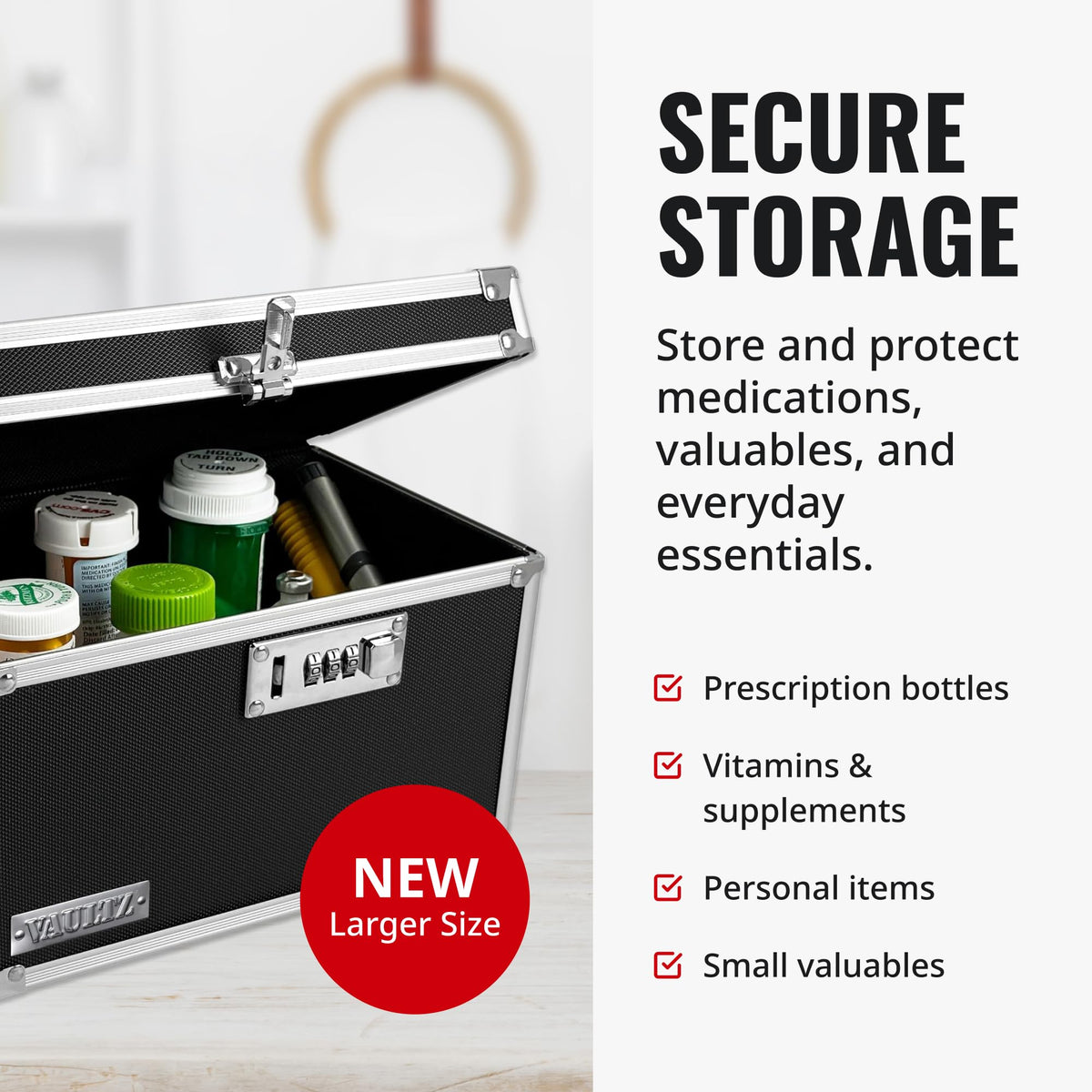 Vaultz locking medicine box open lid demonstrates easy access and organization.