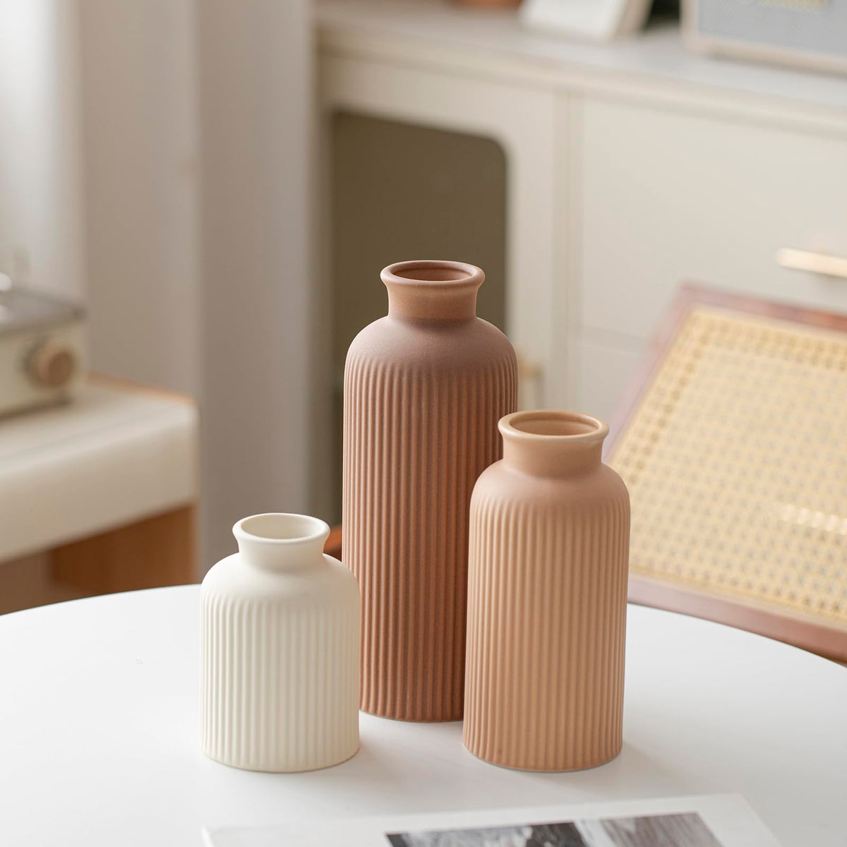 Vaurcesa ribbed matte brown vase serves as a bold room accent