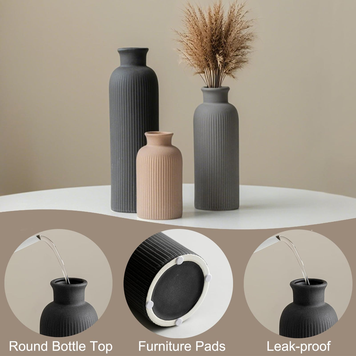 vaurcesa black matte vases styled with dried botanicals on shelf