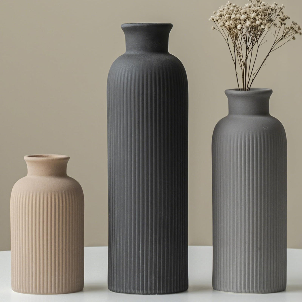 vaurcesa modern ceramic vase set with ribbed matte black finish for table decor