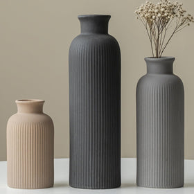 vaurcesa modern ceramic vase set with ribbed matte black finish for table decor