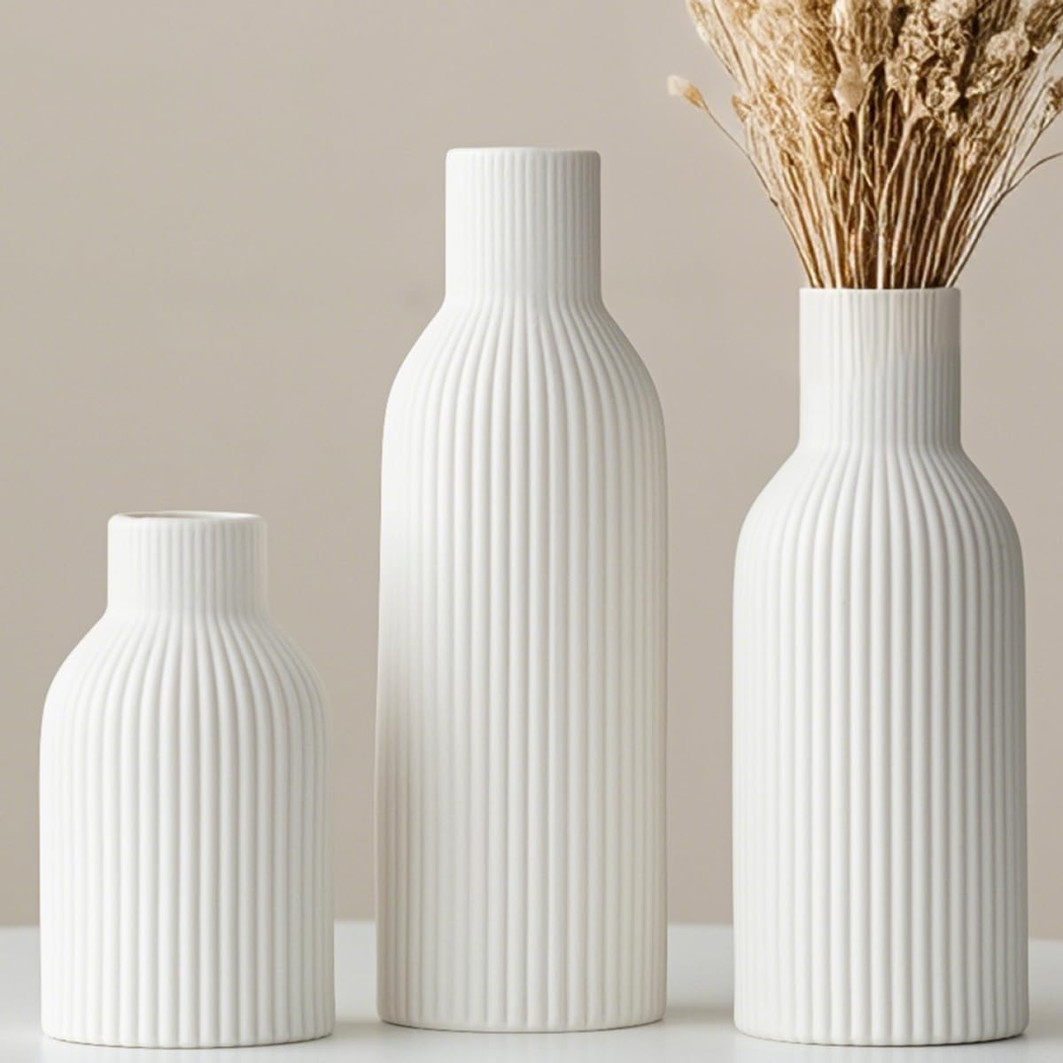 VAURCESA modern ceramic vases set 3 white ribbed for stylish shelves.