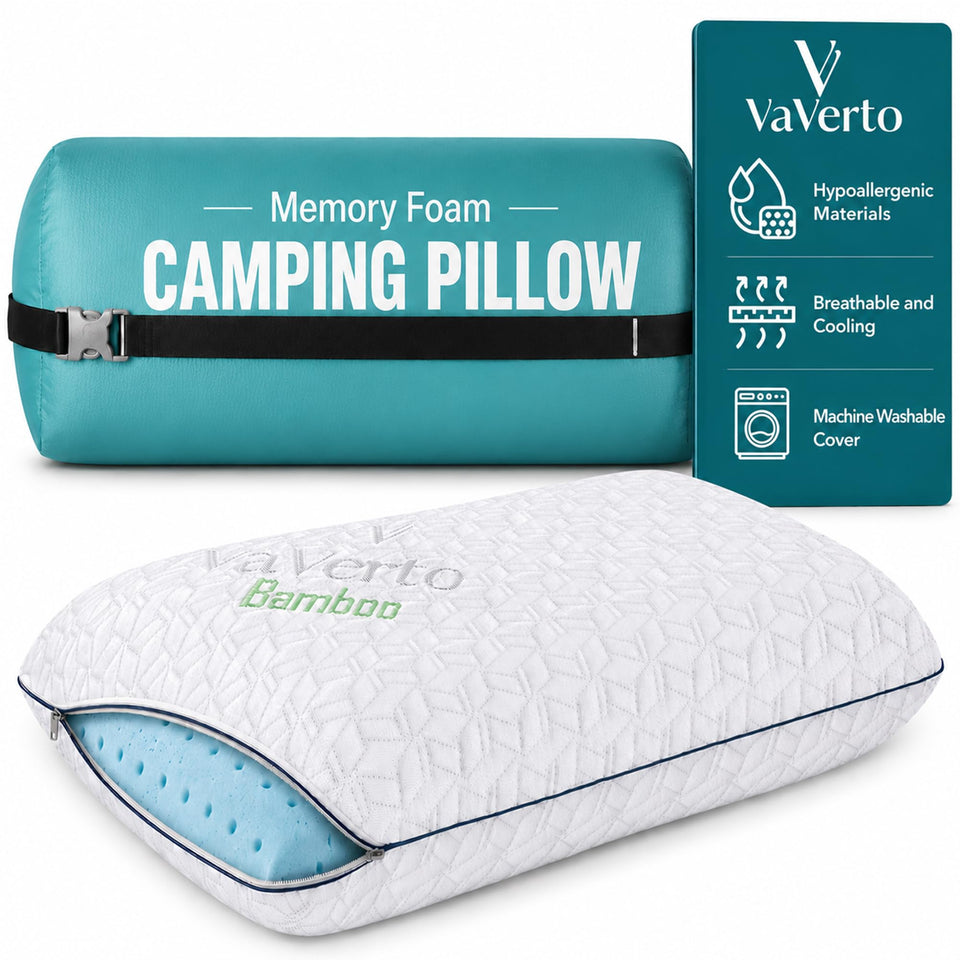 Vaverto small memory foam pillow in packaging, ideal for backpacking.