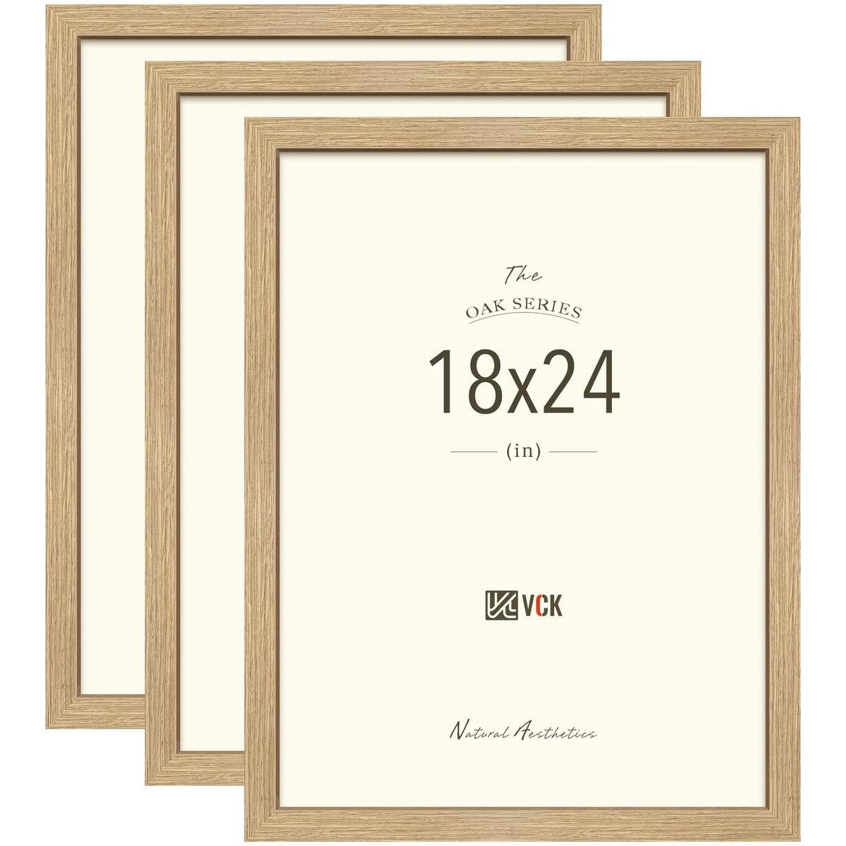 VCK 18x24 natural oak wood frame on wall display showing warm grain and versatile hanging