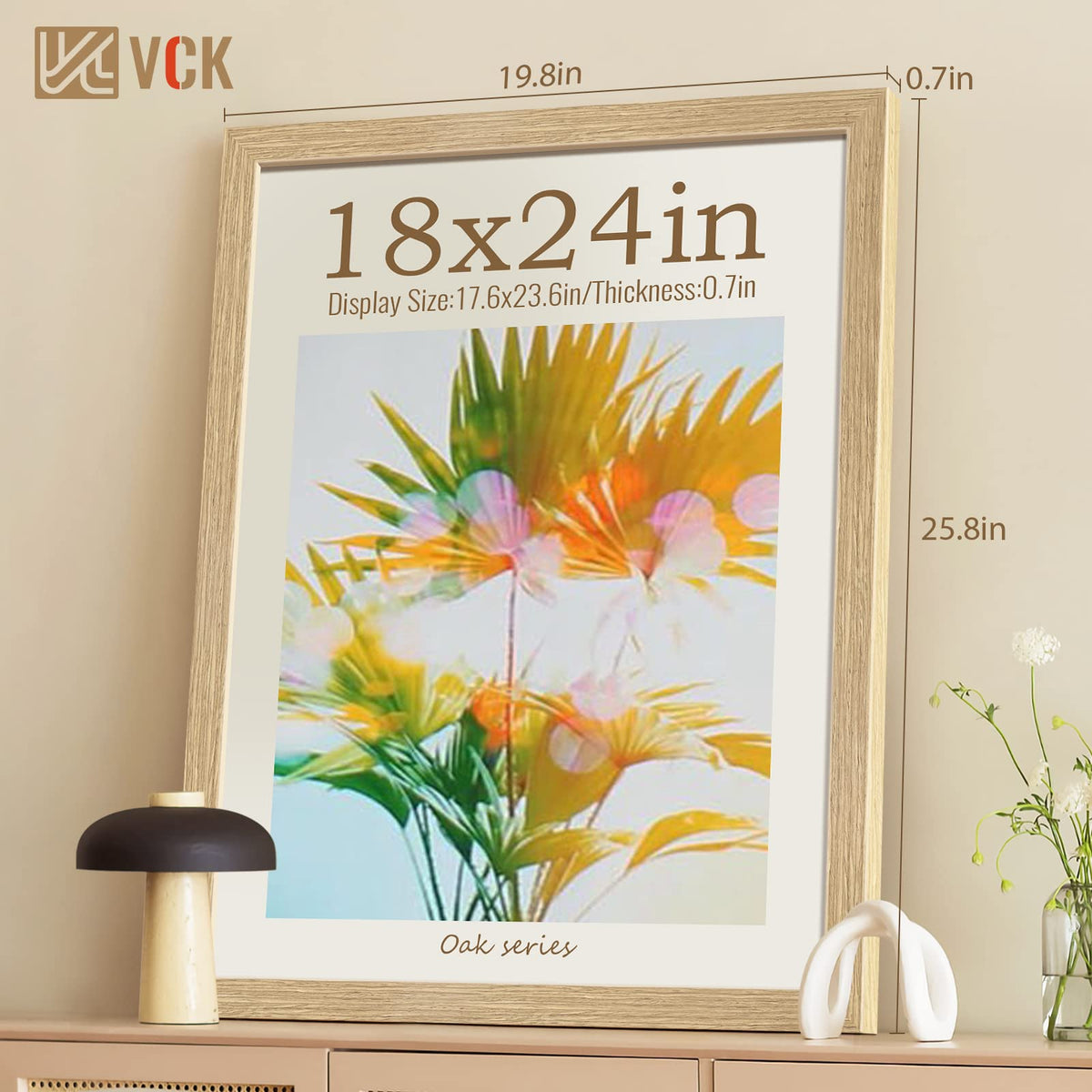 Close-up of VCK 18x24 wood frame natural oak grain and smooth finish
