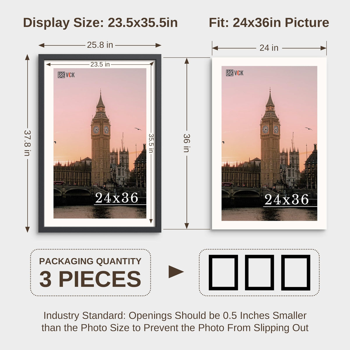 VCK 24x36 poster frame with clear perspex panel protects photos from dust.