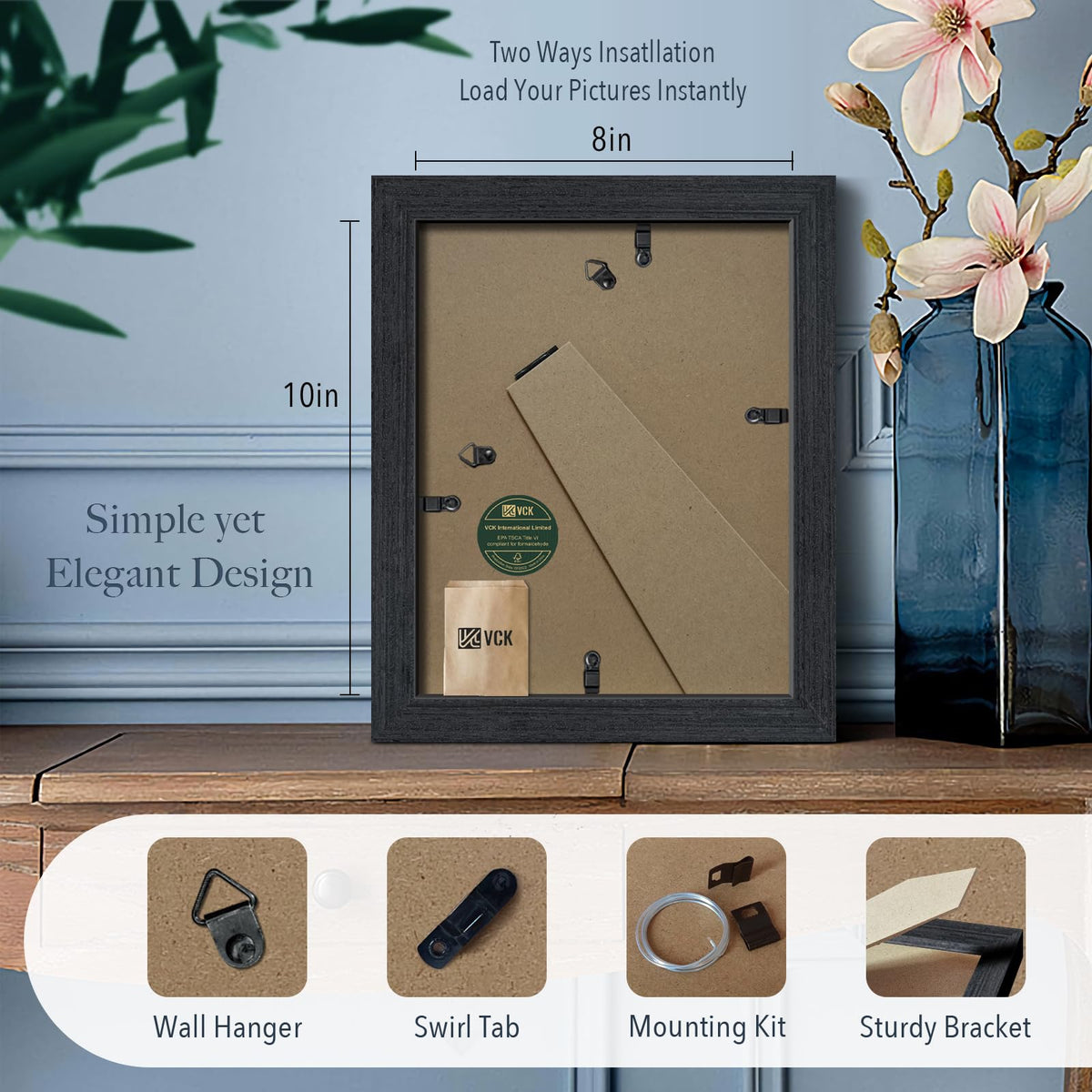 VCK 8x10 black oak frame on table suitable for portrait or landscape