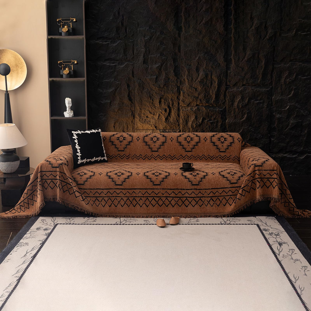VClife bohemian styling in a living room with sofa cover.